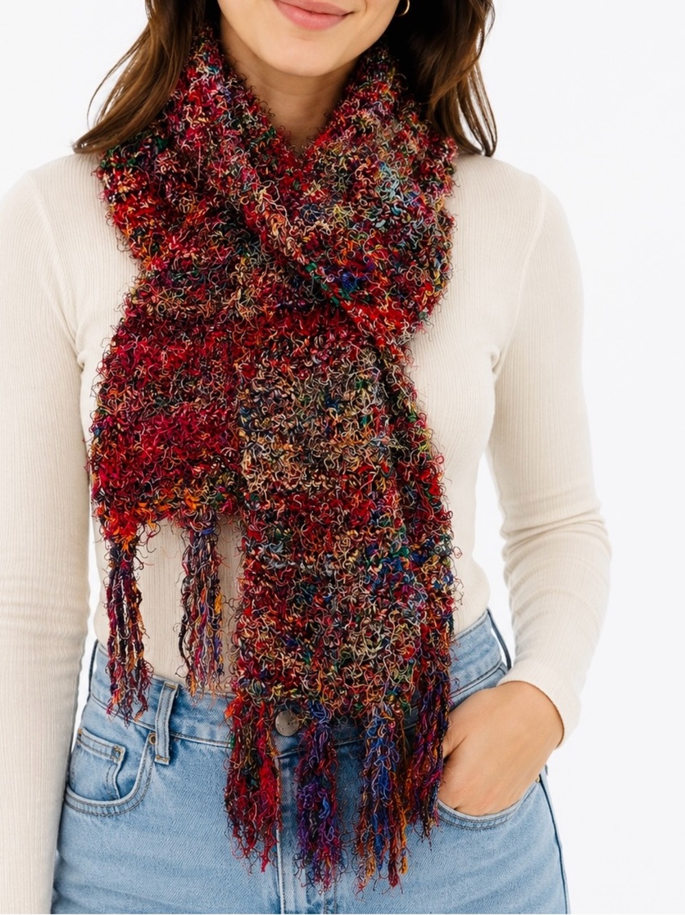 70” Fuzzy Colorful Red Multicolor Bouclé Knit Scarf - 6” Wide — #A